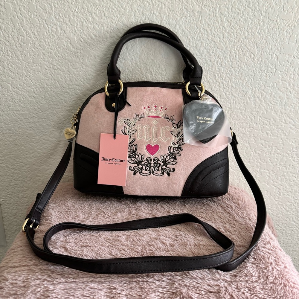 New Juicy Couture Dusty Pink Diamond Heritage Satchel Bowler w Crossbody strap